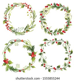 Set of decorative Christmas wreaths with mistletoe leaves, fir branches and holly berries. Vector illustration.