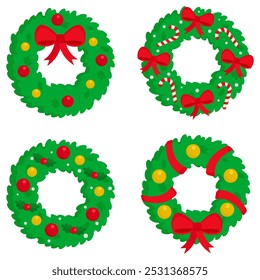 Set of decorative Christmas wreaths with ornaments and bows. Vector illustration isolated