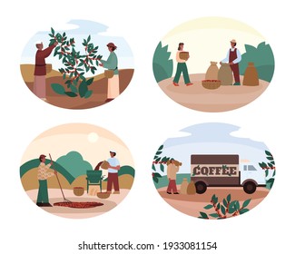 Set decorative circle banners with scenes of coffee producing, cartoon vector illustration isolated on white background. Farmers harvesting and transporting coffee beans.