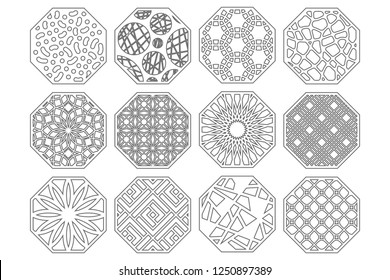 Set decorative circle card for cutting. Round Abstract geometric linear pattern. Laser cut. Vector illustration.