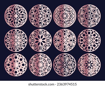 Set decorative circle coaster for laser cutting. Round abstract geometric coaster card. Laser cut design. Vector illustration	