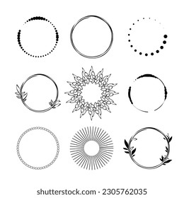 Set decorative circle frames with place for text. Dot, line, plants, leaves, flowers