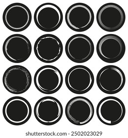 Set of decorative circle icons. Sixteen different round designs. Abstract black and white vector.