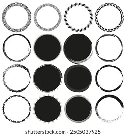 Set of decorative circle icons. Sixteen different round designs. Abstract black and white vector.