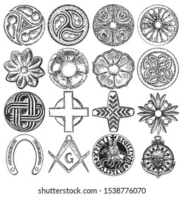 Set Of Decorative Circle Ornament Of Carved Flowers. Round Christian Cross. Square And Compass, Masonic. Nautical, Marine Anchor And Skull. Horseshoe Luck Amulet. Knights Templar Crusader Pin. Vector.