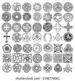 Set of decorative circle and square ornament of carved flowers. Round Christian cross, five pointed star. Square and Compass, Masonic. Nautical, marine anchor, skull. Horseshoe luck amulet. Vector.