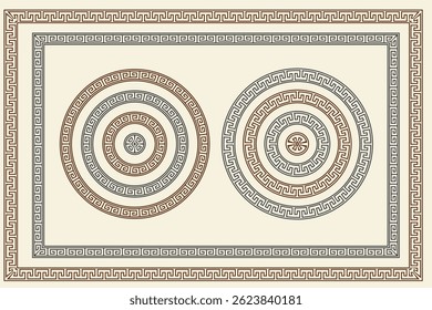 Conjunto de quadros decorativos circulares com um design chave grega, em vários tons de cinza e marrom, colocado em um fundo bege.
