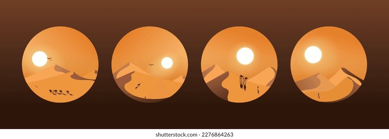 Set of decorative circular illustrations of desert landscapes with camels. Perfect for decoration.