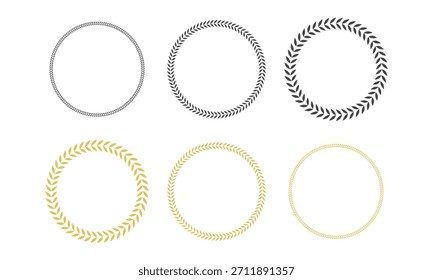 Conjunto de marcos decorativos circulares de corona de laurel en oro y negro. Elementos de Vector minimalistas y elegantes para certificados, premios, logotipos y proyectos de diseño clásicos.