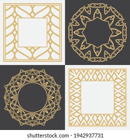 Set of a decorative circular ornament. Geometric round and rectangular stylish frames. Art ornament of elements of design of luxury goods, logos, monograms. Vector illustration.