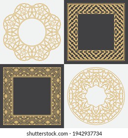Set of a decorative circular ornament. Geometric round and rectangular stylish frames. Art ornament of elements of design of luxury goods, logos, monograms. Vector illustration.
