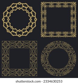 Set decorative circular vintage geometrical ornament. Round and rectangular stylish gold frames. Art ornament of elements of design of luxury goods, logos, engraving, monograms. Vector illustration.
