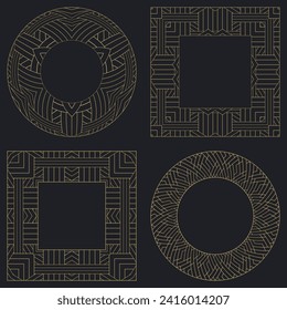 Set decorative circular vintage geometrical ornament. Round and rectangular stylish gold frames. Art ornament of elements of design of luxury goods, logos, engraving, monograms. Vector illustration.
