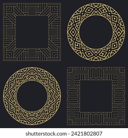 Set decorative circular vintage geometrical ornament. Round and rectangular stylish gold frames. Art ornament of elements of design of luxury goods, logos, engraving, monograms. Vector illustration.
