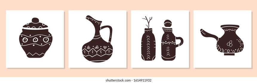 Set of decorative clay dishes with ornament. Simple illustrations of antique tableware in scandinavian style Isolated dishes silhouette