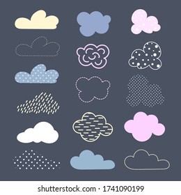 Set of decorative clouds. They are painted with spots, stripes, strokes, peas, dots
