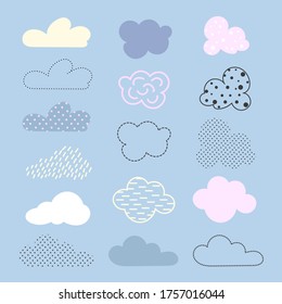 Conjunto de nubes decorativas. Están pintadas con manchas, rayas, golpes, arvejas, puntos