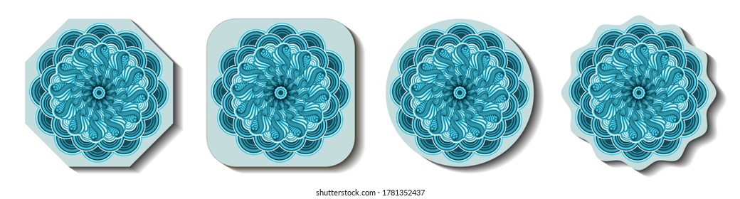 Set of decorative coasters for table ornate with a blue abstract mandala ornament. Vector illustration