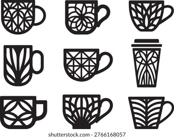 Set of decorative coffee cups with geometric and floral patterns representing stylish drinkware and cafe design.