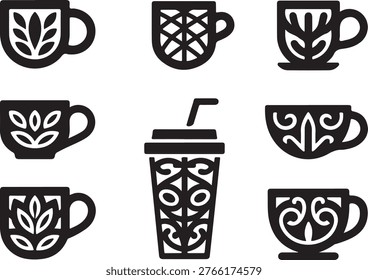 Set of decorative coffee cups and takeaway cup with ornate patterns representing stylish drinkware and cafe design.