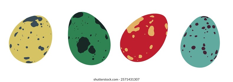 Set of decorative color quail egg silhouette isolated on white. Realistic beautiful bird egg with spots for Easter Day or spring holiday decoration. Vector stock illustration.