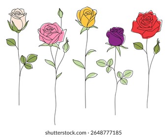 Set of decorative color rose with leaves. Hand drawn flowers. Vector stock illustration. Not AI.