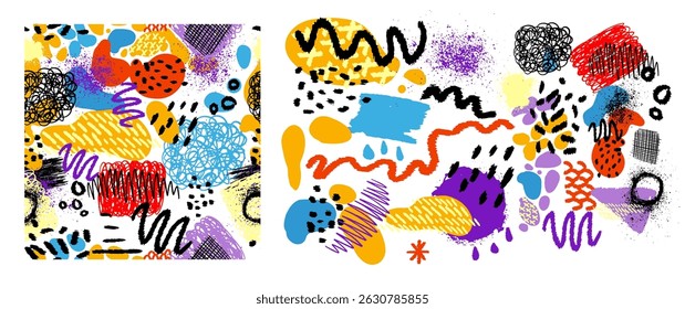 Set of decorative colored elements and Seamless background. hand drawn. Not AI. Vector illustration