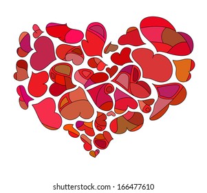 Set of decorative colored hearts on a white background in the shape of a heart