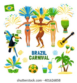 Set of decorative colored icons with different symbols of brazil carnival nature and people  vector illustration