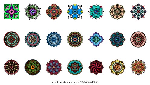 Set of decorative colored mandalas. Round patterns on a white background. Vector illustration.