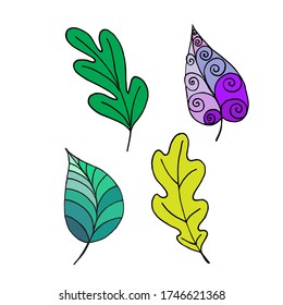 Set of decorative colorful leaves with a black outline on a white background. Linear vector drawing. Doodle floral element for design of greeting cards, prints, textiles, background, coloring.