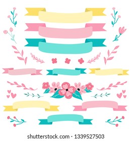 Set of decorative colorful ribbons and flowers and florals for card, flyer,banner design. Pre made flower bouquet and ribbons in bright color palette for Easter and spring designs.