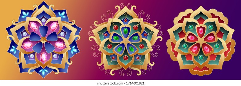 a set of decorative colors with gold frames precious stones and diamonds with blue red and blue enamel on a purple background is used for posters and banners