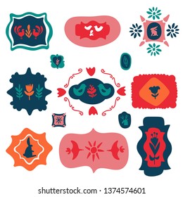 Set of decorative compositional elements for tags, cards, emblems, logos. Folk doodle art