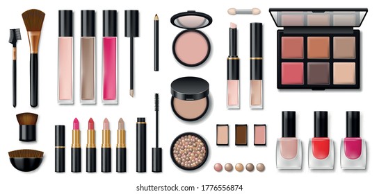 Conjunto de cosméticos decorativos. Plantilla en blanco de recipientes para cara cosmética, ocultador, sombreado, lápiz labial, cepillo de maquillaje, polvo, lápiz labial, esmalte de uñas y rímel. Vector