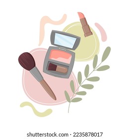 Set of decorative cosmetics brush blush and lipstick. vector illustration