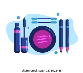 Set of decorative cosmetics for eye makeup. Mascara, eye shadow, eyeliner, pencil. Flat Vector Illustration
