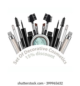 set of decorative cosmetics - eye shadow, liner, mascara, comb, brush, dropper, a balm for the eyes, eyebrow balm. 15% discount. vector illustration for  banners, brochures and promotional items