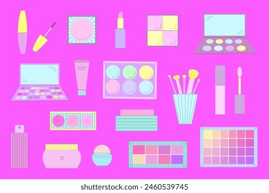 Set of decorative cosmetics. Eyeshadow palette, blush, mascara, gloss, lipstick, cream, make up brushes