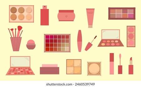 Set of decorative cosmetics. Eyeshadow palette, blush, mascara, gloss, lipstick, cream, make up brushes