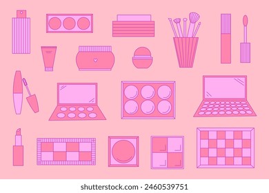 Set of decorative cosmetics. Eyeshadow palette, blush, mascara, gloss, lipstick, cream, make up brushes