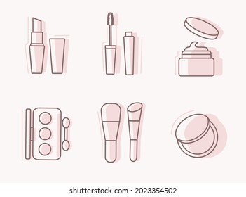Set of decorative cosmetics in a flat style. Makeup icons set. Mascara, foundation, lipstick, brushes, eyeshadow and powder. Vector illustration.