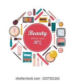 A set of decorative cosmetics in the form of a circle. vector illustration