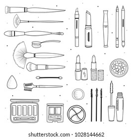 Set of decorative cosmetics, hand drawn style. Isolated elements.
