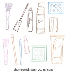 Set of decorative cosmetics handmade sketch, vector illustration. Collection of items for make-up. Hand engraved womens accessories.
