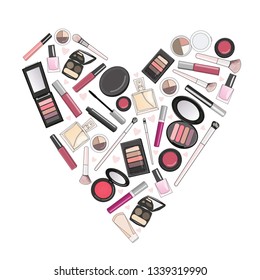 Set of decorative cosmetics in heart shape, vector flat illustration, makeup case. Beauty store, shop. Beauty products and cosmetics hand drawn clip art background.