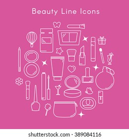 Set of Decorative Cosmetics Icons in Thin Line Style. Collection of Make Up. Vector illustration.
