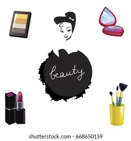 Set of decorative cosmetics isolated on white background. Beauty inscription and cute cartoon girl. Vector