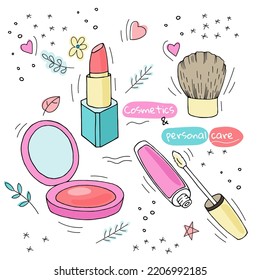 Set of decorative cosmetics, kabuki brush, flowers, stars, leaves and decorative elements isolated on white background. Hand drawn element for the design of fabrics, wallpapers, postcards