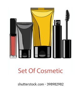set of decorative cosmetics - lip gloss, mascara, two tubes of cosmetics. vector illustration for cosmetic banners, brochures and promotional items